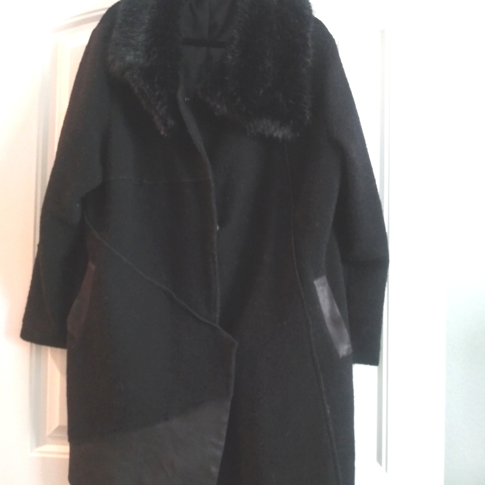 Gorgeous Jean Marc Philippe Coat Fur Collar Faux Leather Trim Asymmetric…